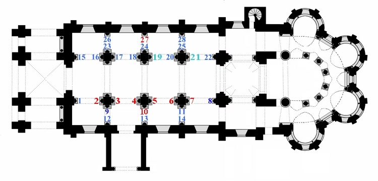 Plan des chapiteaux de la nef;